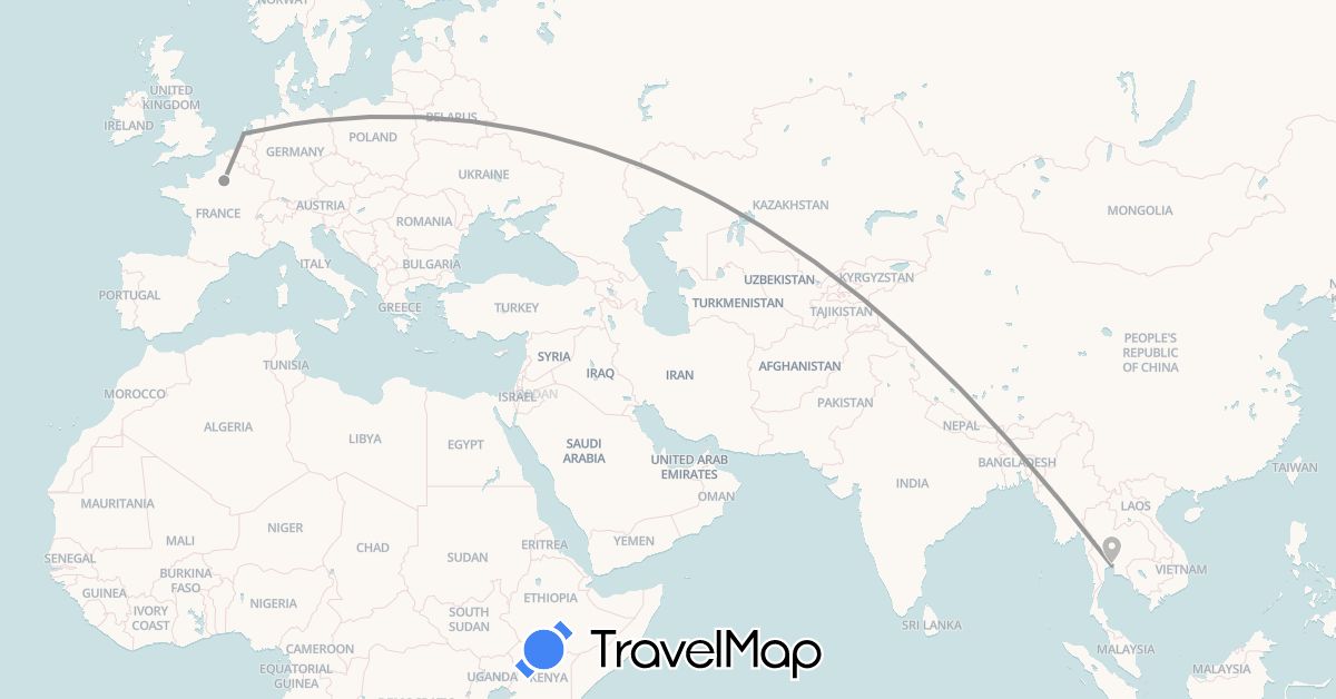 TravelMap itinerary: plane in France, Netherlands, Thailand (Asia, Europe)